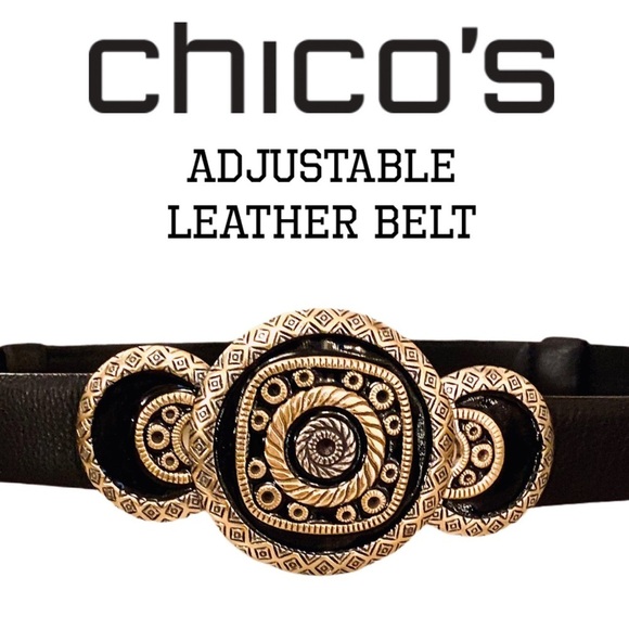 Chico’s black leather statement belt adjustable bold ornate buckle M/L EUC - Picture 12 of 12